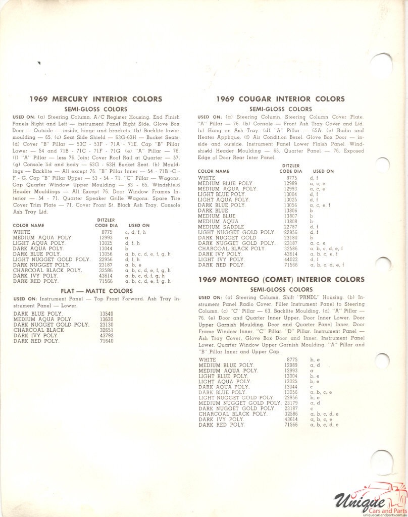 1969 Mercury Paint Charts PPG Dtzler